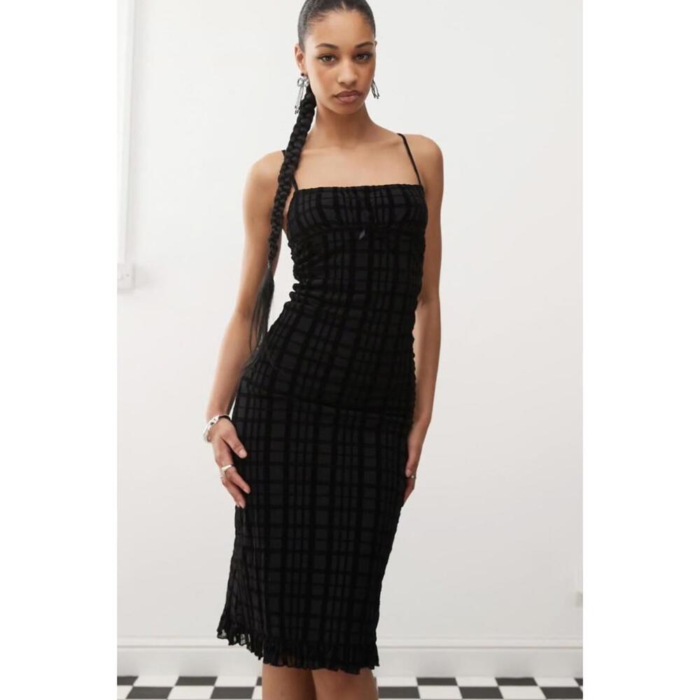 (SOLD) MOTEL Nateda Flocked Plaid Midi Cami Dress in Black (X-SMALL)
